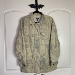 ❤️SALE❤️ Chaps Cream and Blue Water Paint Floral Jacket Military Cut, Pockets  L